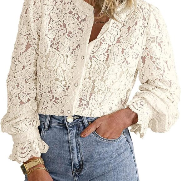Women's Dressy Casual Lace Blouse Long Sleeve Button Up Shirts Tops Spring Fall